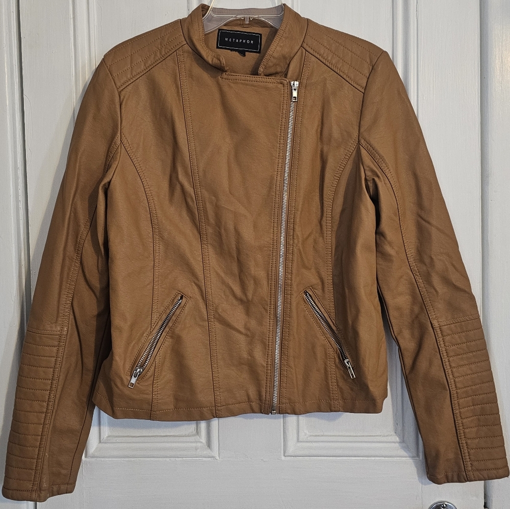 Metaphor Women's Large Moto Jacket Faux Leather Vegan Tobacco Brown Motorcycle